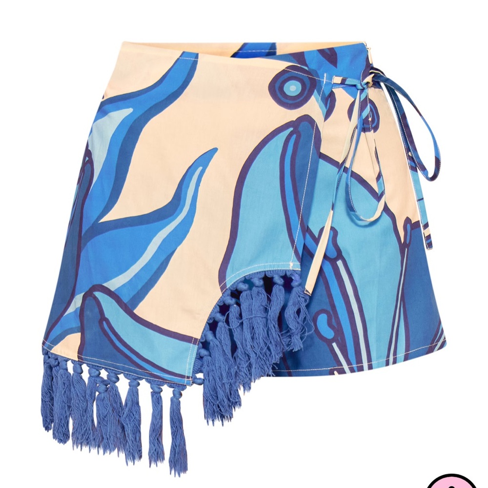 Blue Patterned Mini Skirt with Fringe